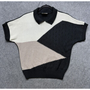 Vintage Keneth Too Sweater Womens Medium Large Black Beige Colorblock Polo 80s